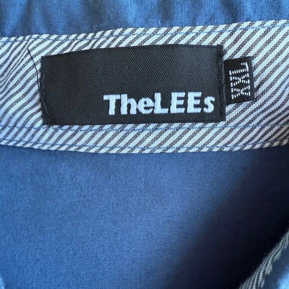 Blue Button Down Dress Shirt Mens Large Fitted Lapel Cuff Accent Going Out Chic - Picture 9 of 12